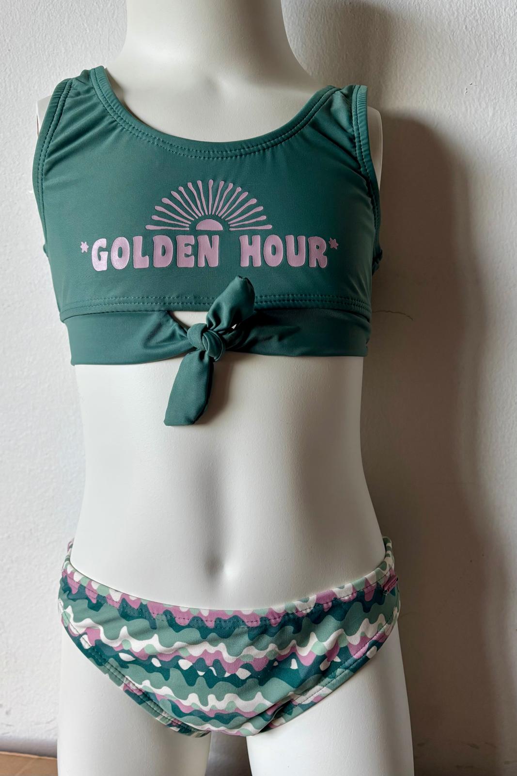 Girls’ Golden Hour Tie-Front Bikini - Sage Green & Camo (Size 128)